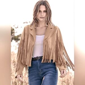 Tan Fringe Faux Suede Jacket